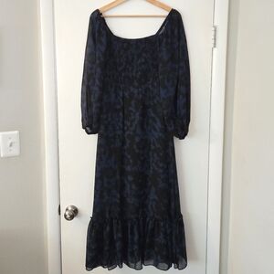 Just Taylor small smocked sheer sleeve blue midi dress